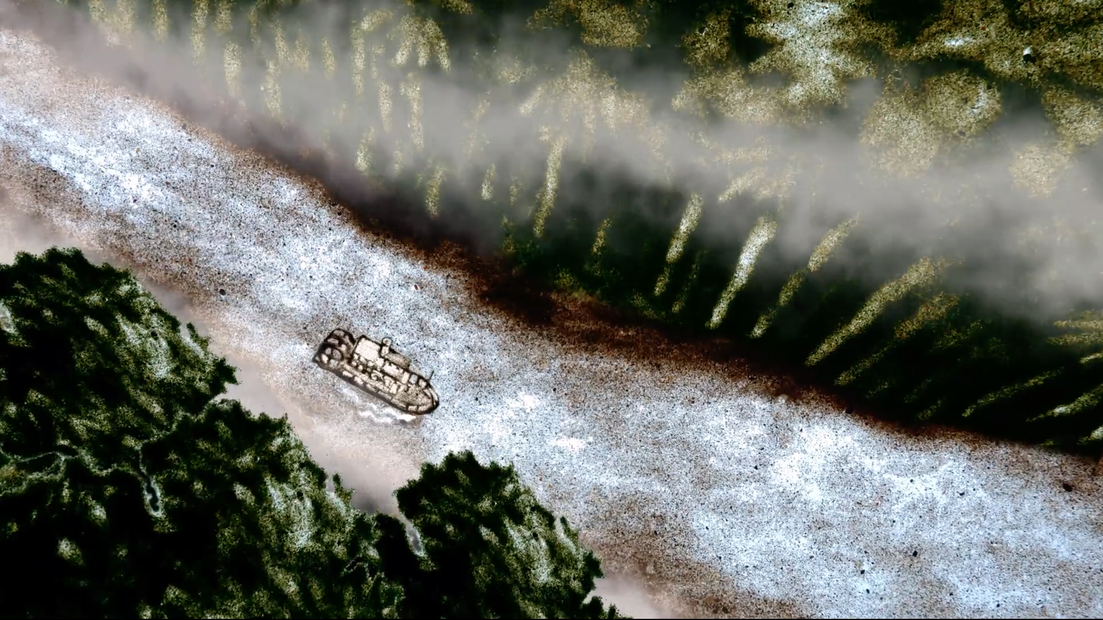 a srtill from heart of darkness featuring a steamship on a jungle river