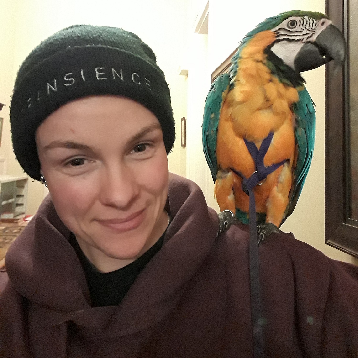 maja jensen with a parrot