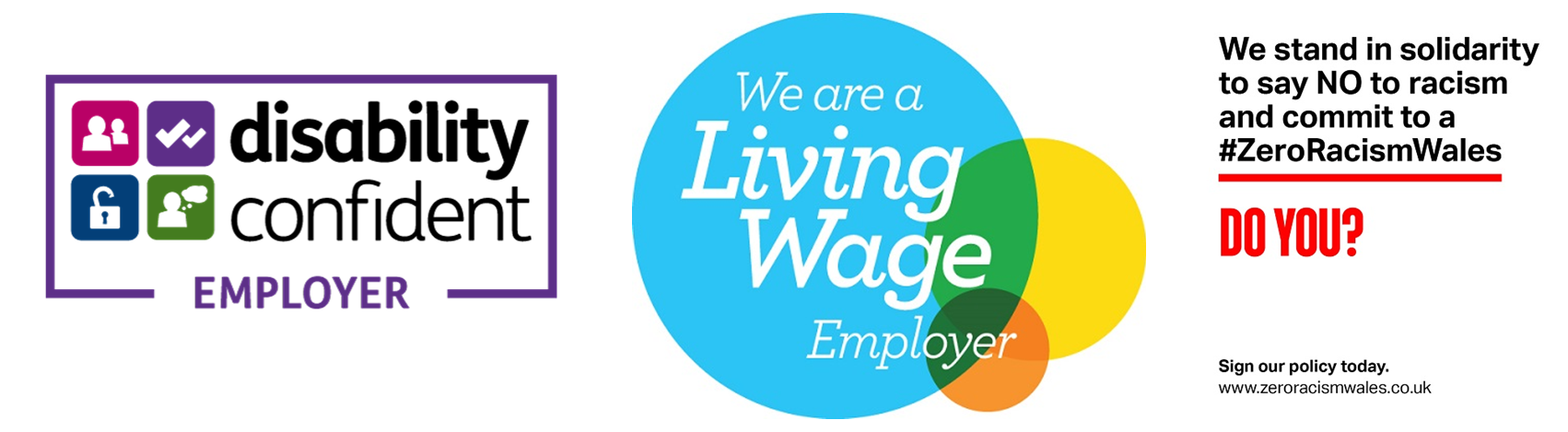 three logos: disability confident employer, living wage employer and anti-racism