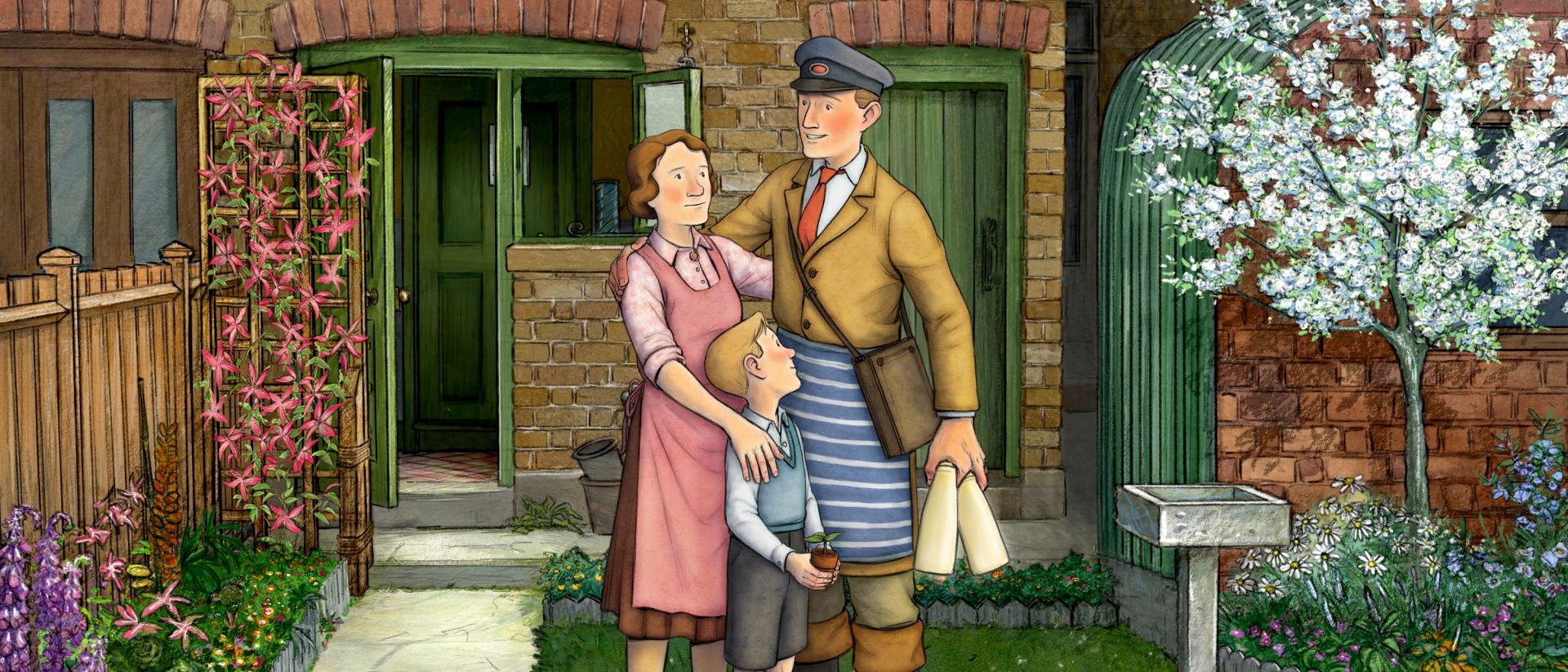 ethel, ernest and their son embracing in their front garden