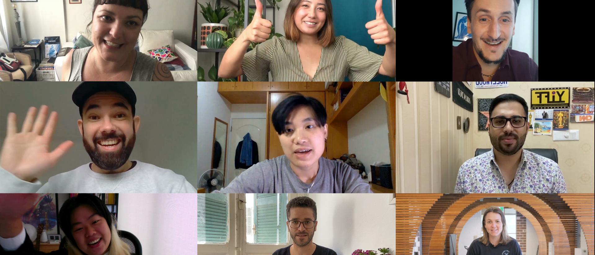 nine filmmakers shortlisted for the iris prize 2020 on an online meeting. Some wave and give a thumbs up.