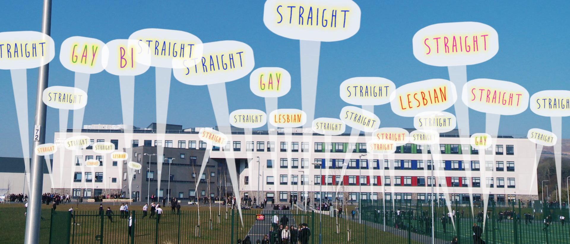 a still from an iris prize education project film featuring a school with animated speech bubbles over the top identifying students' sexuality.