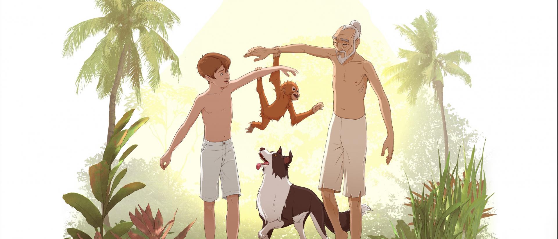 A still from animated film Kensuke's Kingdom, featuring a boy and an older man walking through a jungle with a dog. A small monkey hangs between them on their outstretched arms.