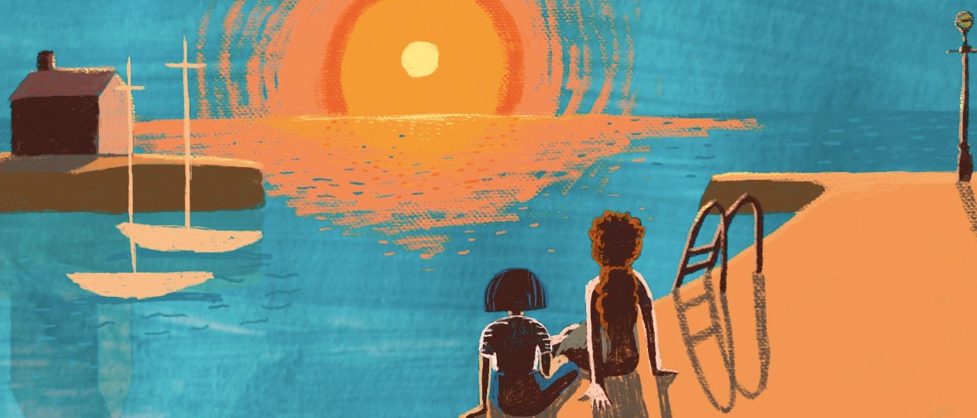 a still from animated short film cwch deilen featuring two people sitting on a dock watching the sun set over the sea