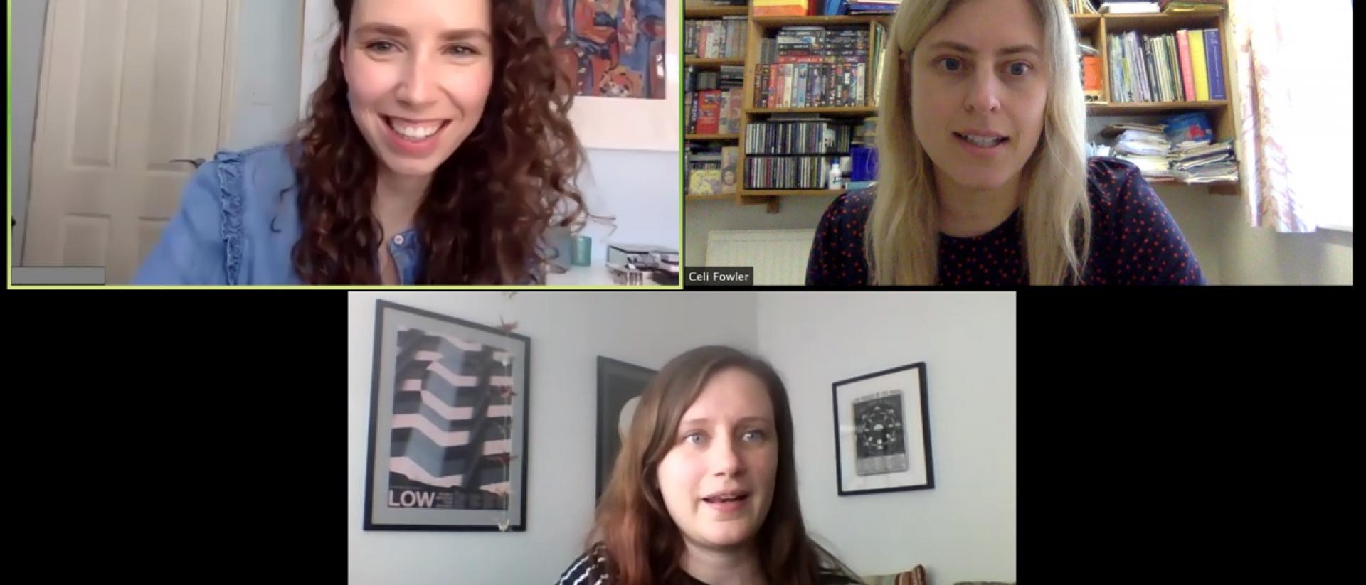 a screengrab of three people participating in an online meeting