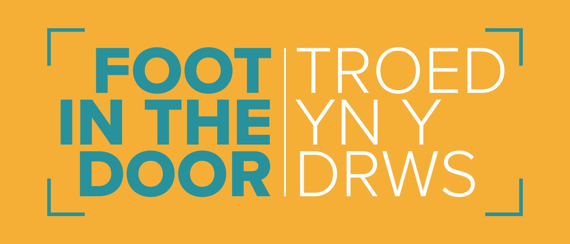 foot in the door logo in teal and white on a golden yellow background