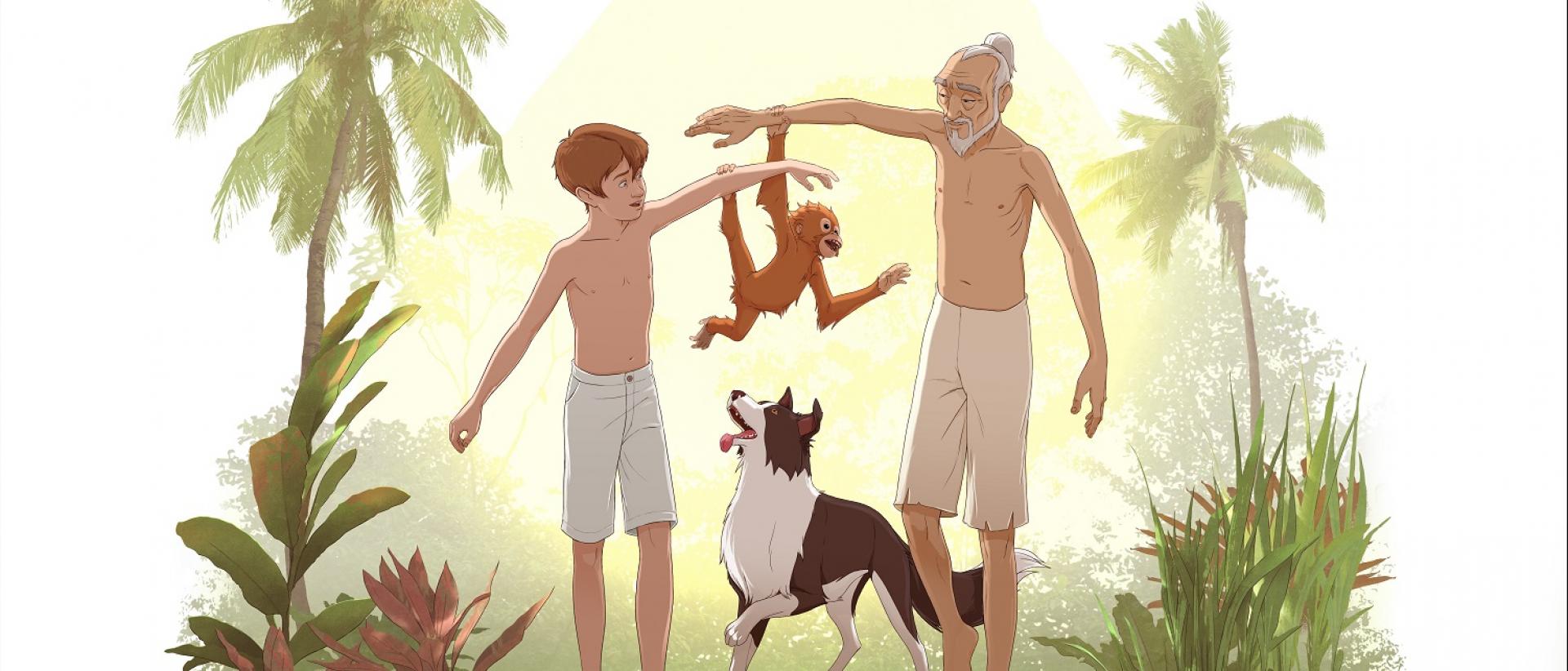 still from animated film kensuke's kingdom featuring a boy and an old man walking through a jungle carrying a monkey between them, with a doc walking beside.