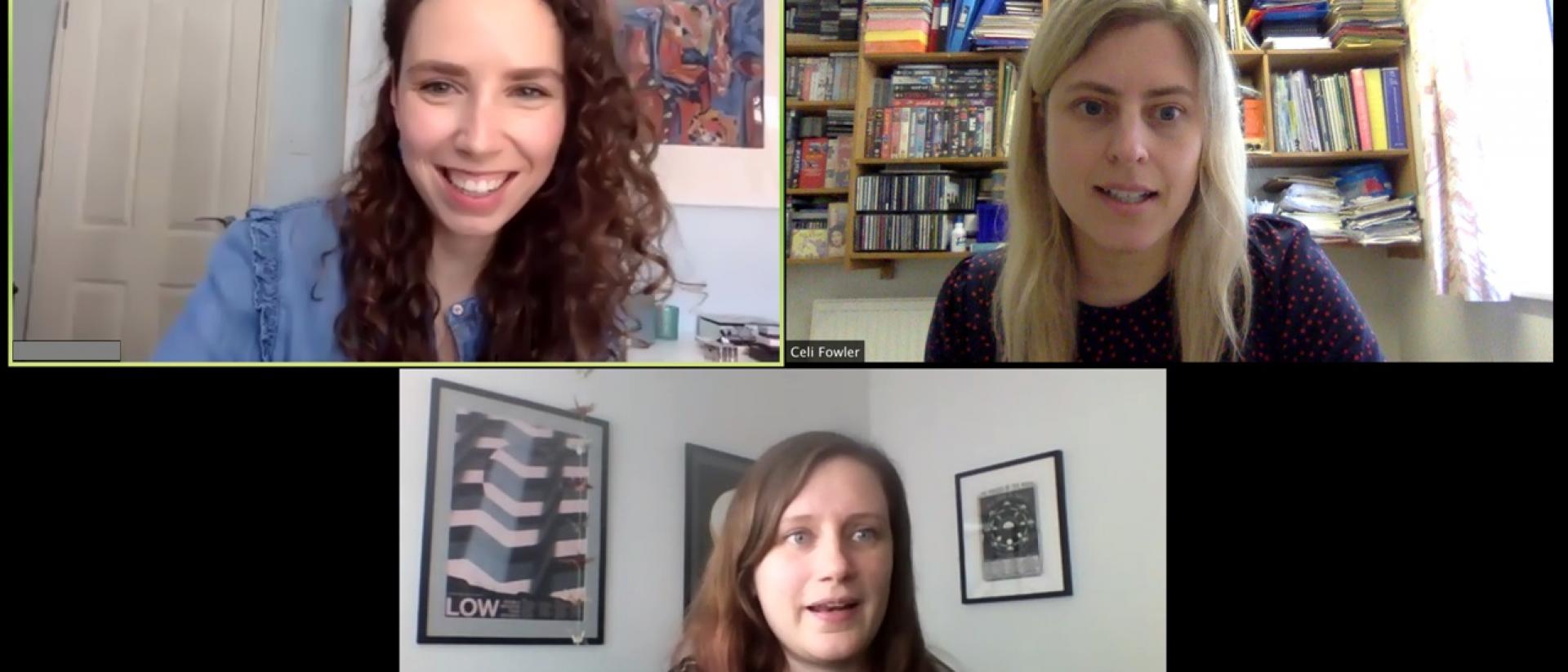 a screengrab of three people participating in an online meeting