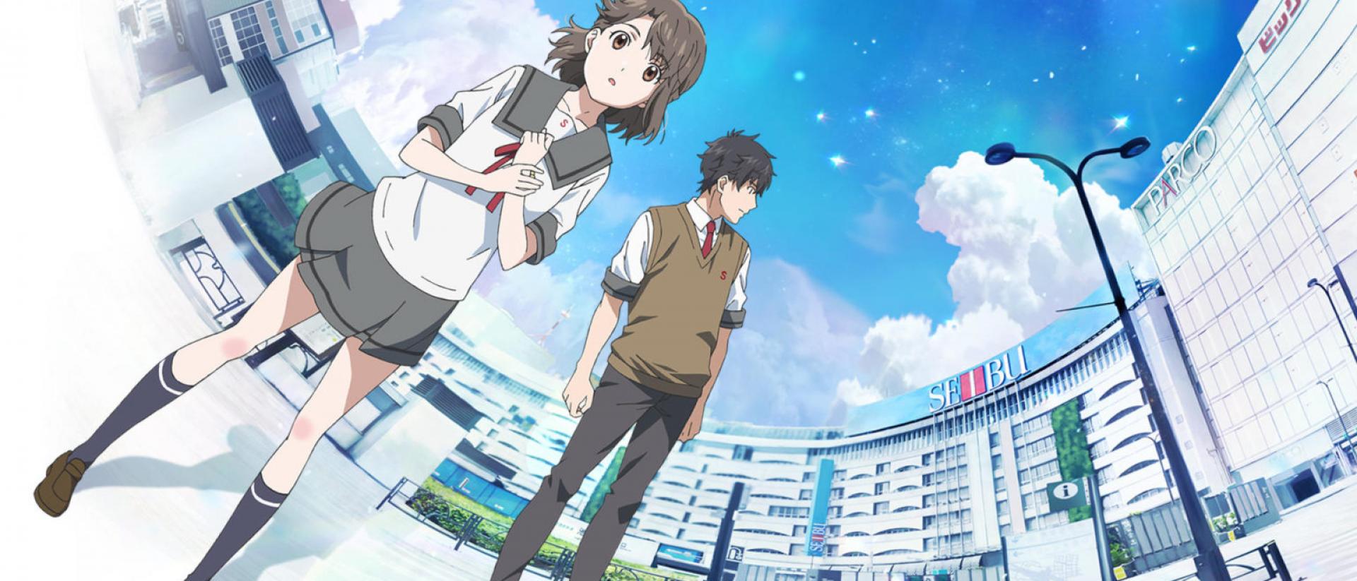 still from animated film over the sky featuring two people standing in a curved line of white buildings under a blue sky