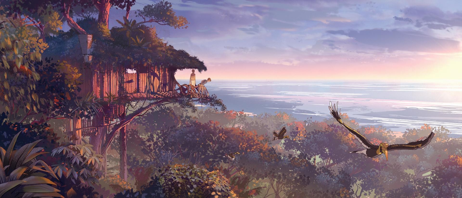 still from kensuke's kingdom featuring a treehouse overlooking a jungle with birds flying by