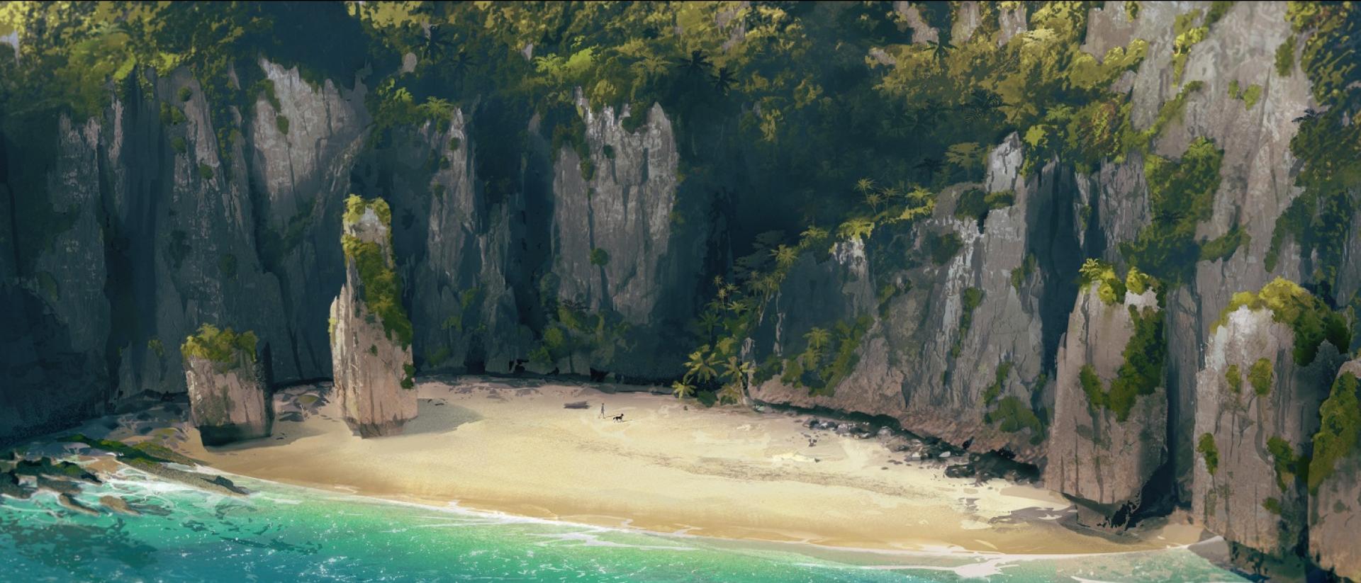 still from chuck chuck baby featuring a beach bay overlooked by jungle cliffs