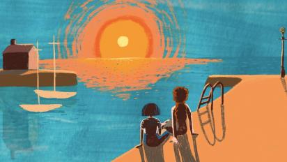 a still from animted film cwch deilen featuring two woman watching a sunset on a dock