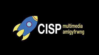 CISP Multimedia logo featuring a blue and yellow rocket on a black background