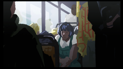 a still from an animated film featuring a person sitting on a crowded bus