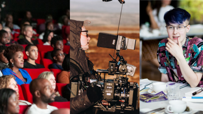 a collage of three photos: an audience in a cinema, a person holding a camera and a person sitting at a desk