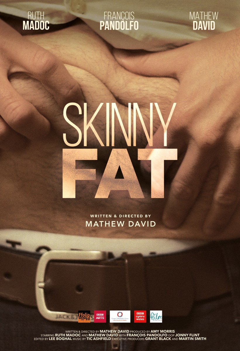 poster for skinny fat featuring a close-up photo of a man clutching his stomach skin.