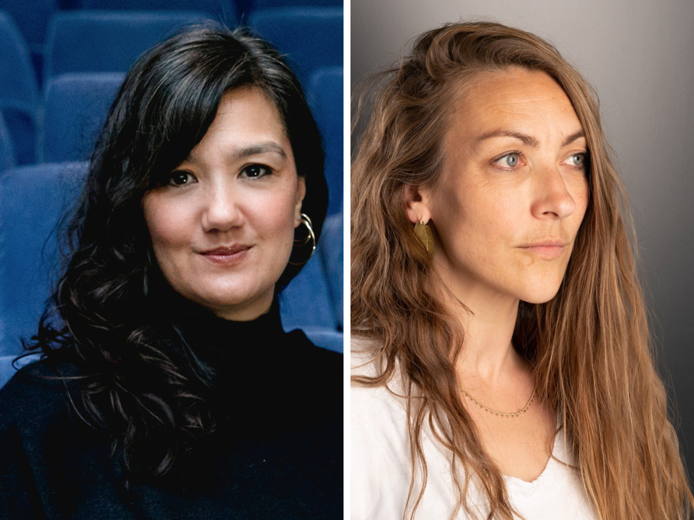 Composite of two images. 1: a portrait photo of Catryn Ramasut, with a background of blue cinema seats. She is wearing a black top and looking forward at the camera. 2. a portrait photo of Alice Lusher on a grey background. She is wearing a white top and looking to the right. 