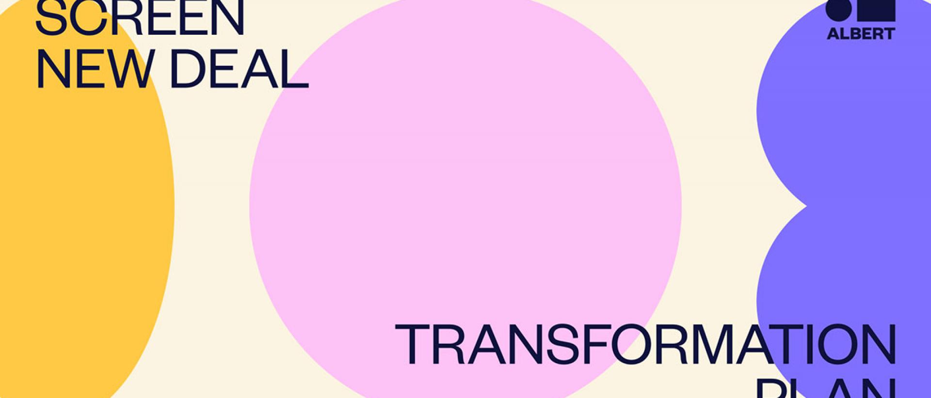 orange, pink and blue shapes with text Screen New Deal Transformation Plan