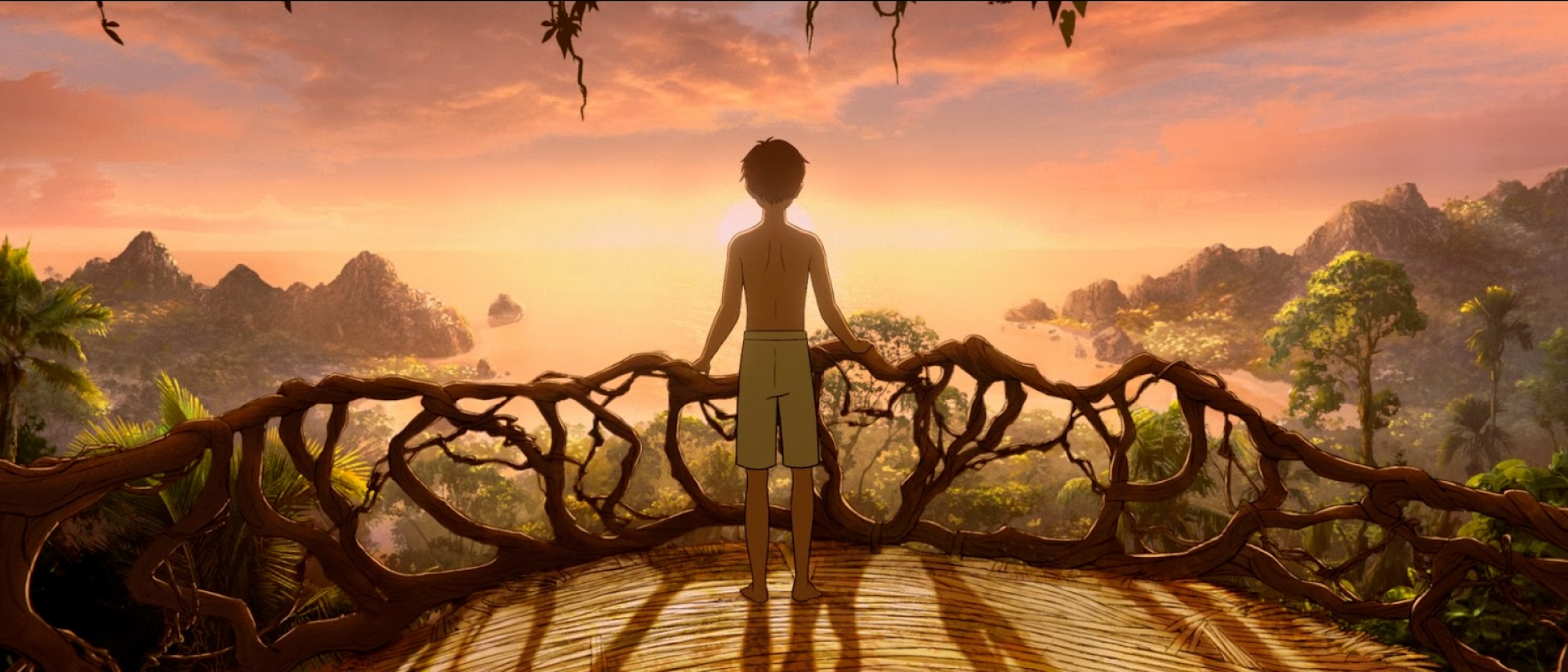 still from kensuke's kingdom featuring a boy standing on a wooden balcony looking out over a forest horizon