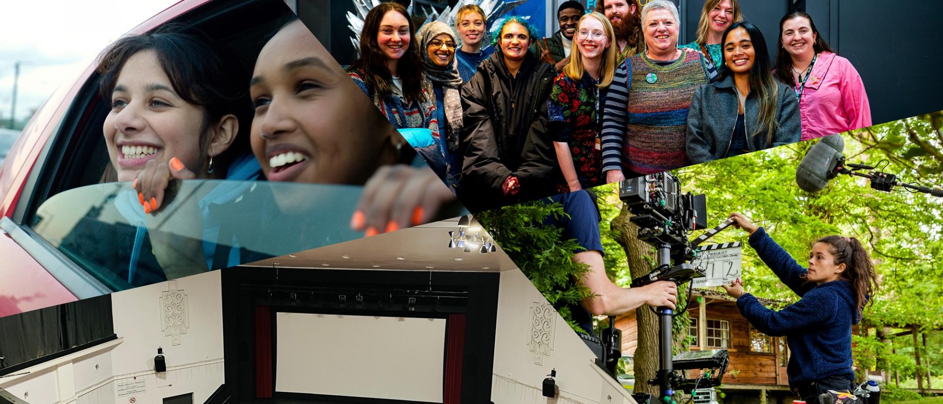 a collage of four pictures: a still from brides featuring two people peering out a car window and smiling / 12 people posing for a photo / two people on a film set in a forest, one holding a camera, the other holding a clapperboard in front of them / the cinema theatre in barry memo arts centre