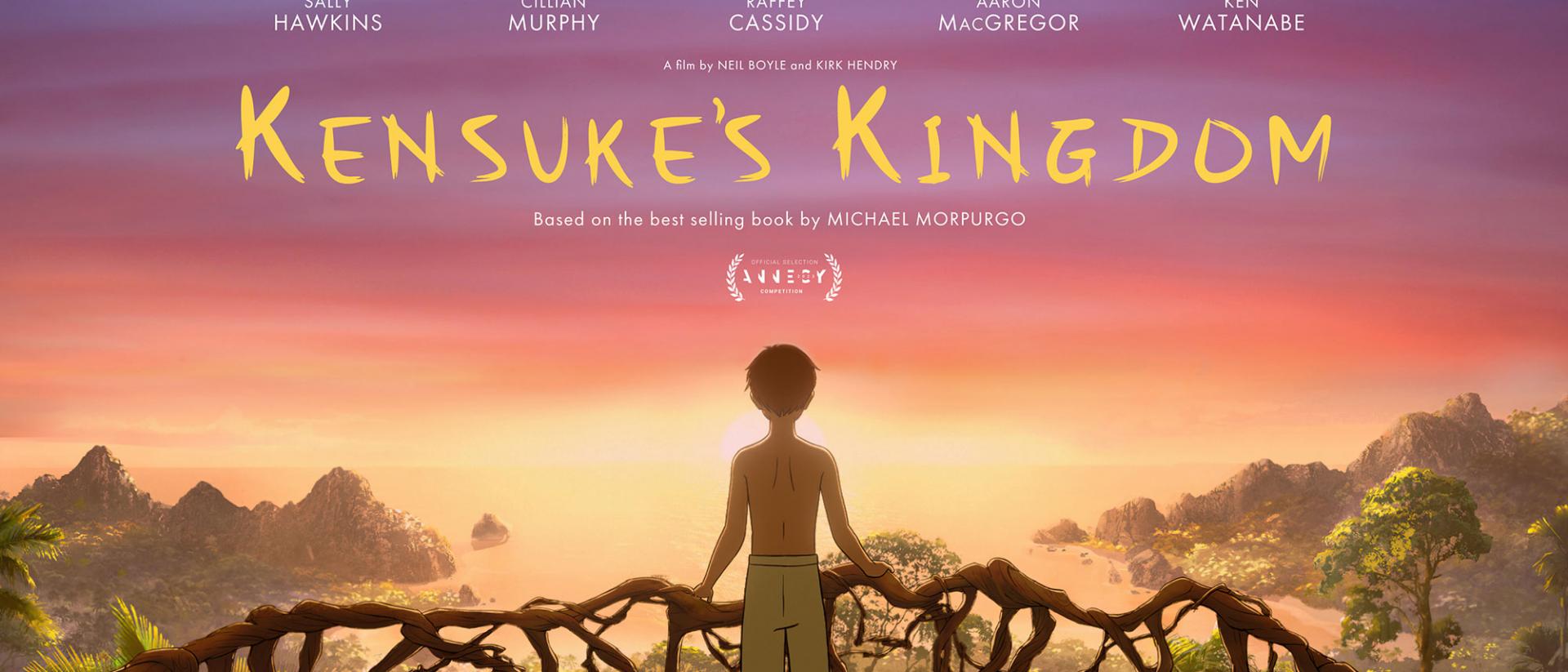 still from animated film kensuke's kingdom featuring a boy standing on a wide treetop balcony looking out over the horizon