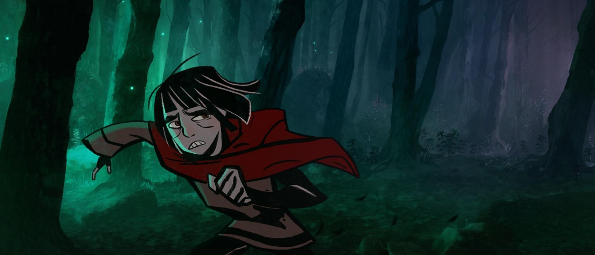 animation still featuring a medieval man running away from something through a dark forest