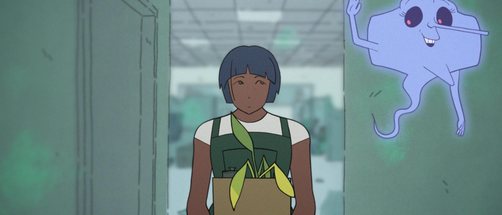 still from an animated short film featuring a woman carrying a cardboard box with a plant out of an office. On the right is a ghost.