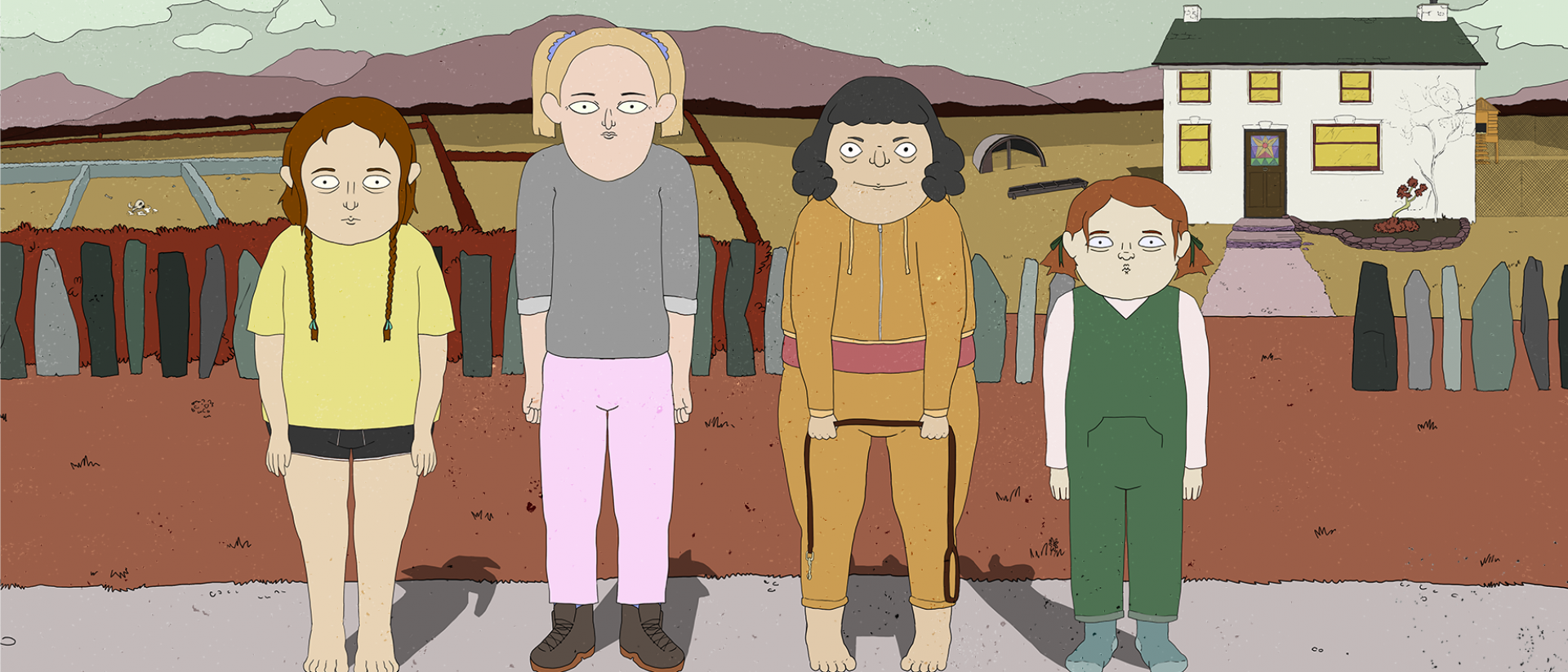 still from animated short extinction featuring four characters standing in a line on a farm with a house and some mountains in the background