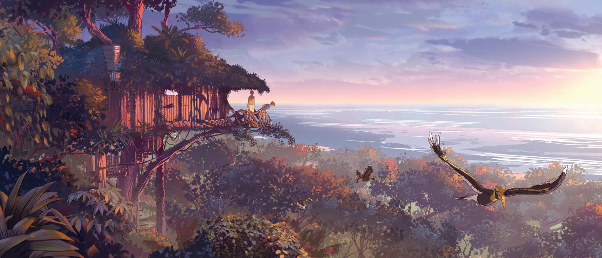 still from kensuke's kingdom featuring a boy standing on a wooden balcony looking out over a forest horizon