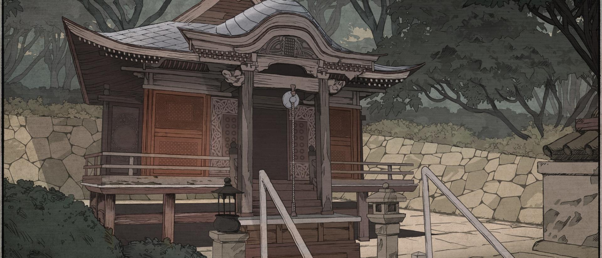 concept art from an animated film featuring a Japanese temple