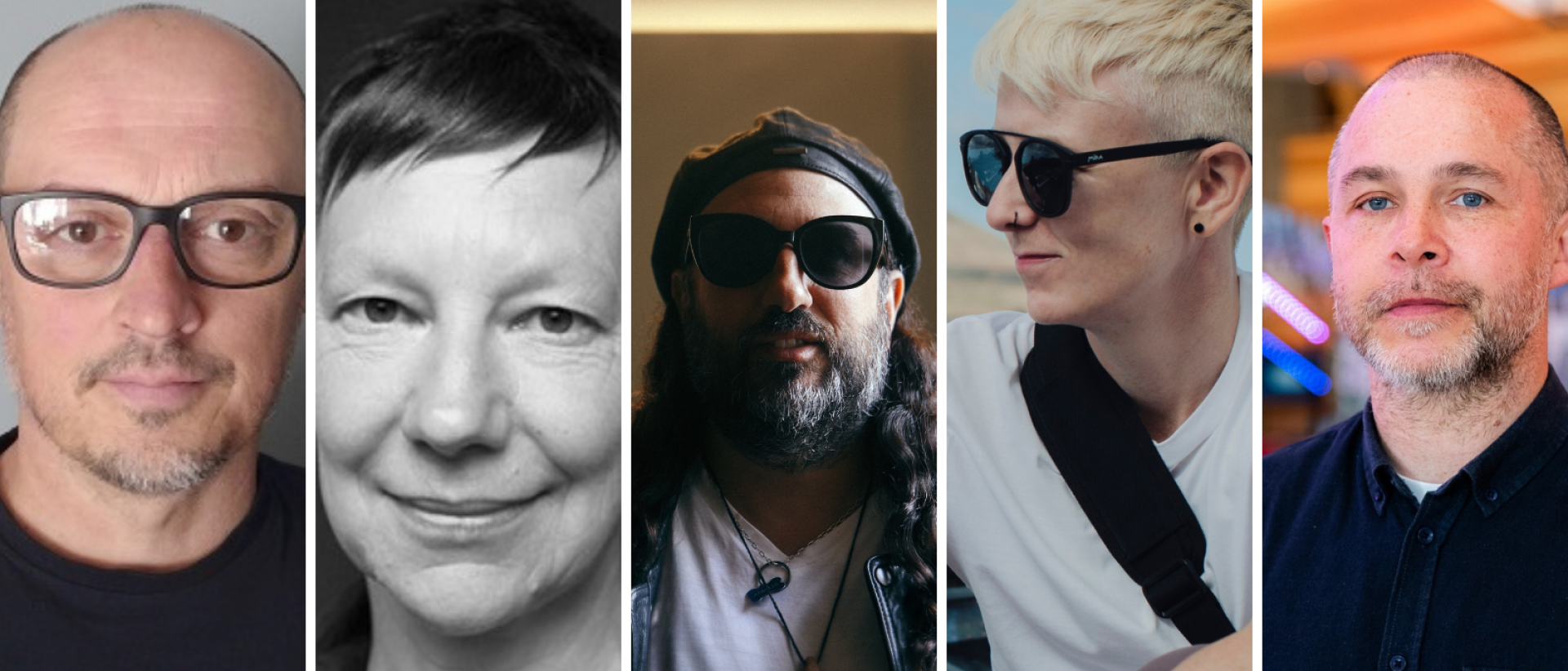 a collage of five portrait photos