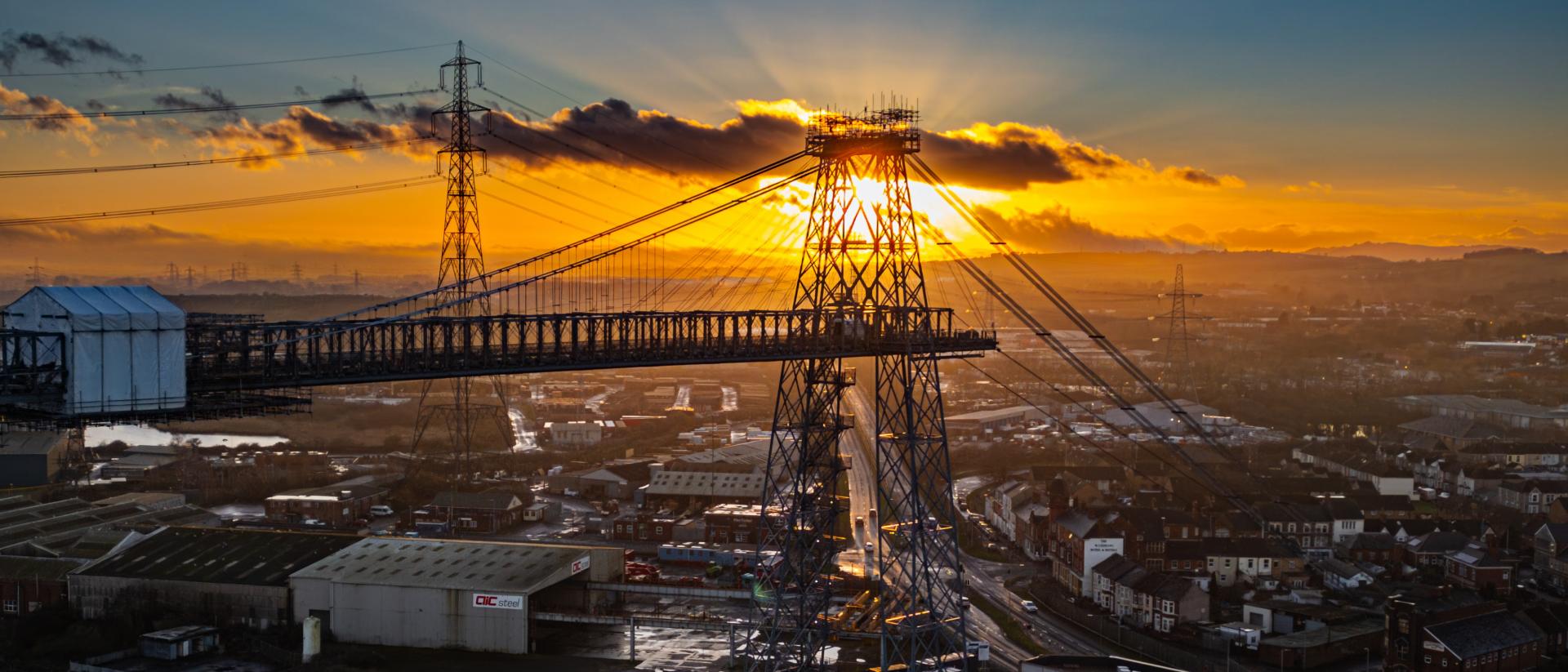 photo of the newport skyline at sunset featuring the transporter bridge