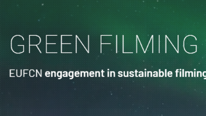 White text on a green and blue background that says Green Filming, EUFCN engagement in sustainable filming
