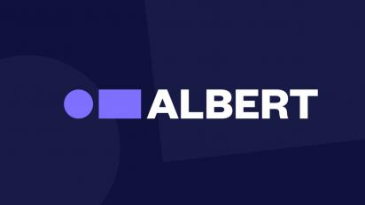 white text on a blue background that says albert