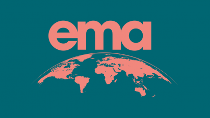 a pink and teal graphic of the world with ema written above it