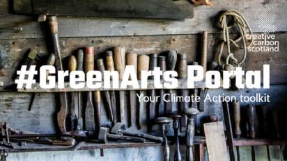 A photo of tools hanging in an old shed. Text over the top reads #GreenArtsPortal