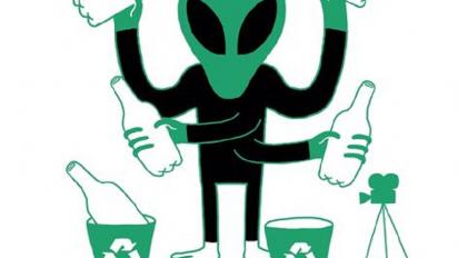 a green and black cartoon of an alien sorting recyclable materials