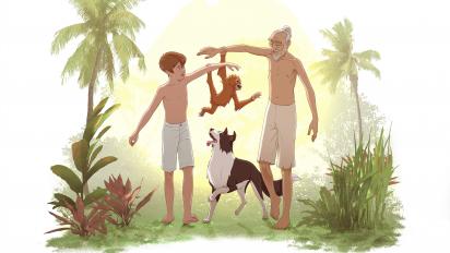 A still from animated film Kensuke's Kingdom, featuring a boy and an older man walking through a jungle with a dog. A small monkey hangs between them on their outstretched arms.