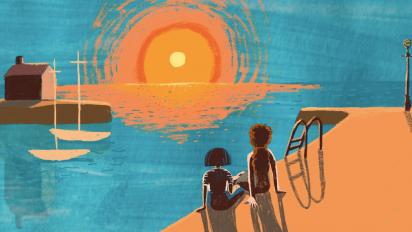 a still from animated short film cwch deilen featuring two people sitting on a dock watching the sun set over the sea