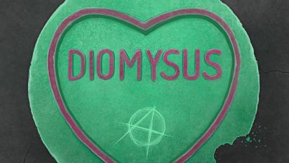 a graphic of a green love heart sweet with an anarchy symbol scratched into it. Text in purple reads Diomysus