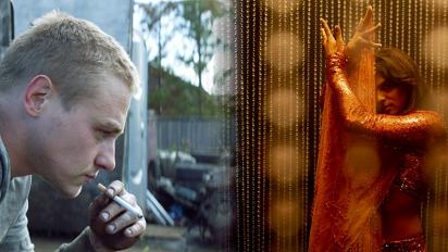 A collage of two photos: one of a man standing outside a garage smoking a cigarette, and one of a performer posing in front of strings of beads