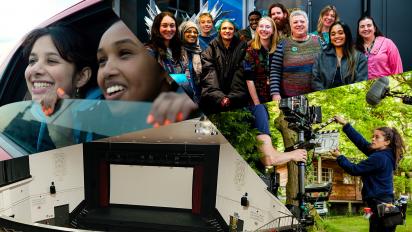 a collage of four pictures: a still from brides featuring two people peering out a car window and smiling / 12 people posing for a photo / two people on a film set in a forest, one holding a camera, the other holding a clapperboard in front of them / the cinema theatre in barry memo arts centre