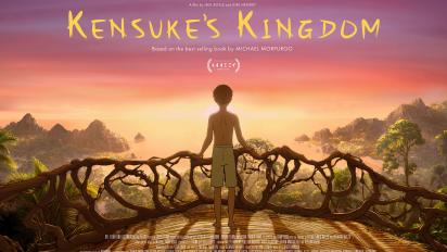 still from animated film kensuke's kingdom featuring a boy standing on a wide treetop balcony looking out over the horizon