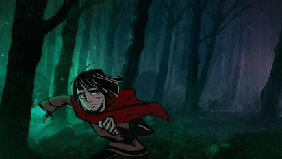 animation still featuring a medieval man running away from something through a dark forest