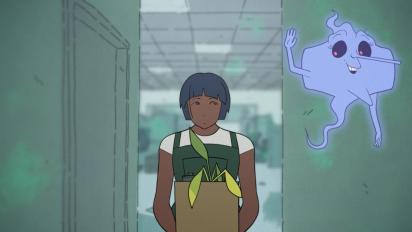 still from an animated short film featuring a woman carrying a cardboard box with a plant out of an office. On the right is a ghost.