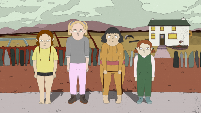 still from animated short extinction featuring four characters standing in a line on a farm with a house and some mountains in the background