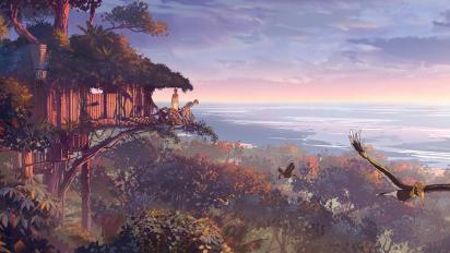 still from kensuke's kingdom featuring a boy standing on a wooden balcony looking out over a forest horizon