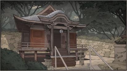 concept art from an animated film featuring a Japanese temple