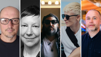 a collage of five portrait photos