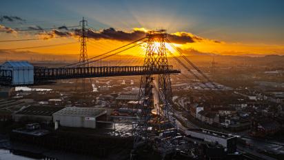 photo of the newport skyline at sunset featuring the transporter bridge